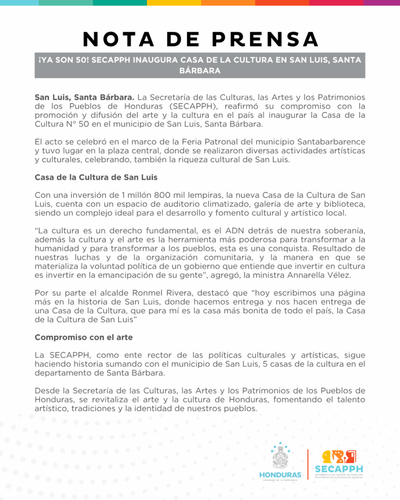 Nota de Prensa - SECAPPH inaugura casa de la cultura en San Luis, Santa Bárbara