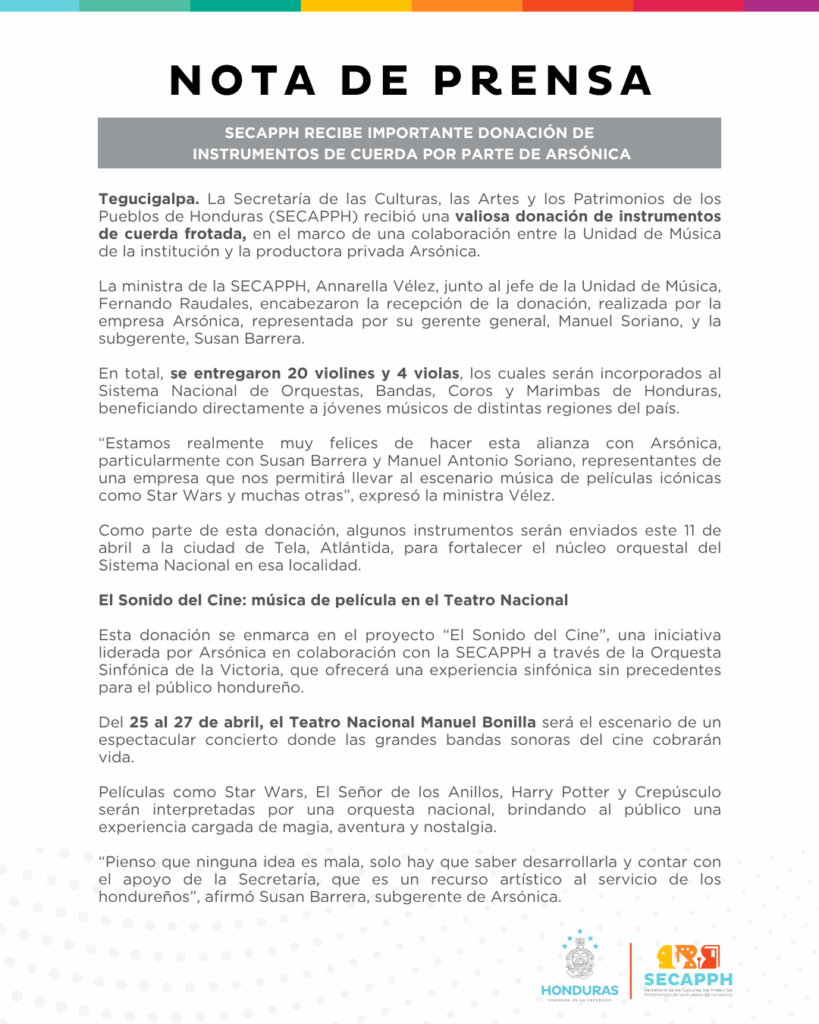 Nota de Prensa - SECAPPH recibe importante donación de instrumentos de cuerda por parte de Arsónica