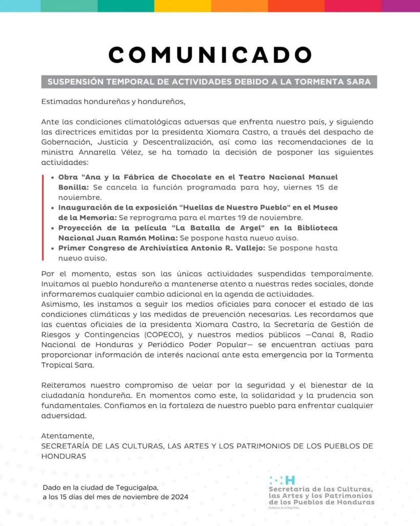 Suspensión temporal de actividades debido a la tormenta SARA